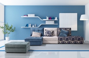 white couch in a blue modern living room - rendering
