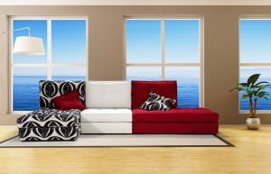 bright living room with brown sofa and big windows - rendering